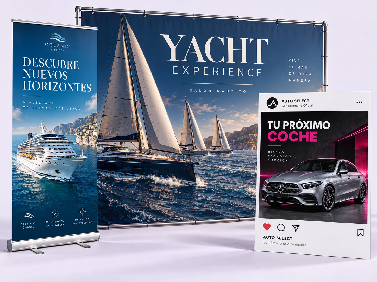 Mockup de diseño gráfico: roll-up de cruceros, publicación de venta de coches y backing para un evento náutico